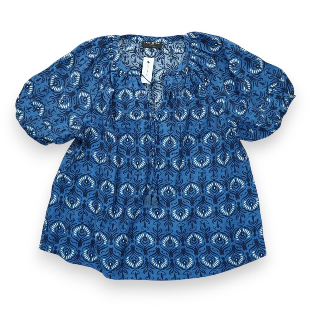 NWT Lane‎ Bryant Swing Pintuck-Sleeve Notch-Neck Top Size 14/16 ~ Blue ~ Floral